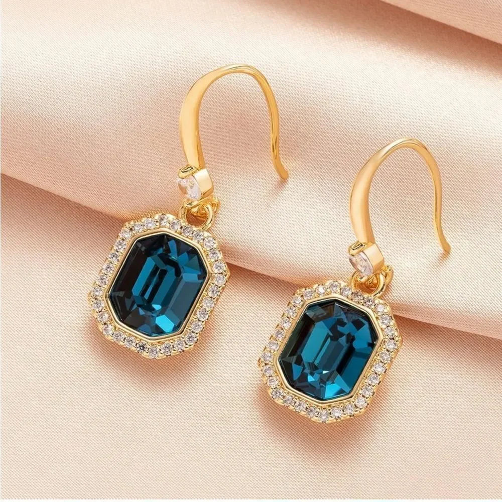 14K Yellow Gold with London Blue Topaz Austrian Crystal Octagon Halo Earrings